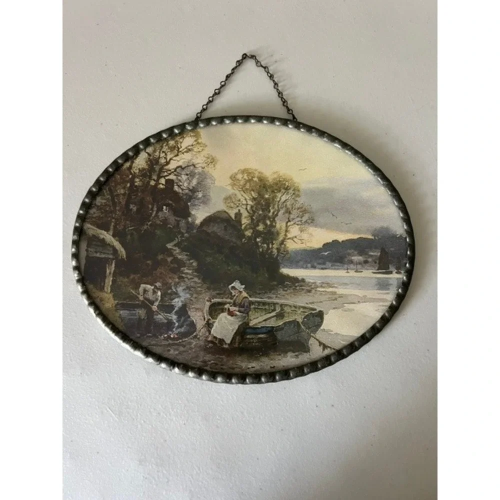 Vintage German Oval Wall Print‎ Scalloped Metal Frame Coastal Village Scene 8x6
